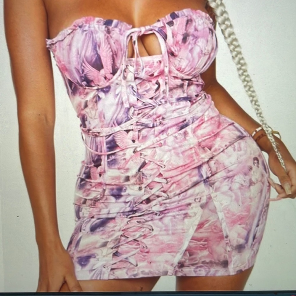 Pink patterned satin strapless mini dress SIZE S